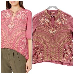 Johnny Was Womens Rianne Embroidered Linen Top Size M Mauve Floral Short Sleeve‎
